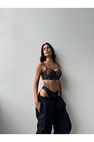 Cansoy Floral Patterned Capless Black Bra Set (693t)