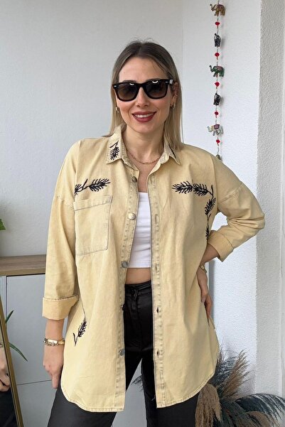 Kubos Moda Oversize Virgo Embroidery Pattern Stone Gabardine Shirt