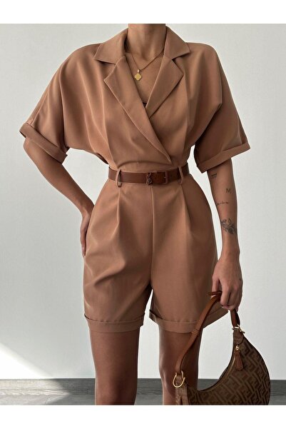 Genel Markalar Kadın Kahverengi Atlas Kumaş Şort Tulum