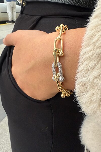 Utku Kuyumculuk 14 AYAR ÖZEL TASARIM TOPLU ATAÇ VE ORTASI TAŞLI ALTIN BİLEKLİK