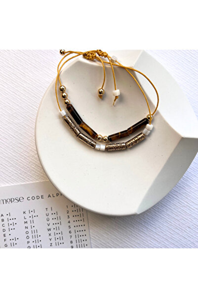 L´Atelier des Perles Amour Codé Bracelet Doğal Kaplan Gözü ve Hematit Taşlı Kişiselleştirilebilir Mors Alfabesi Bileklik