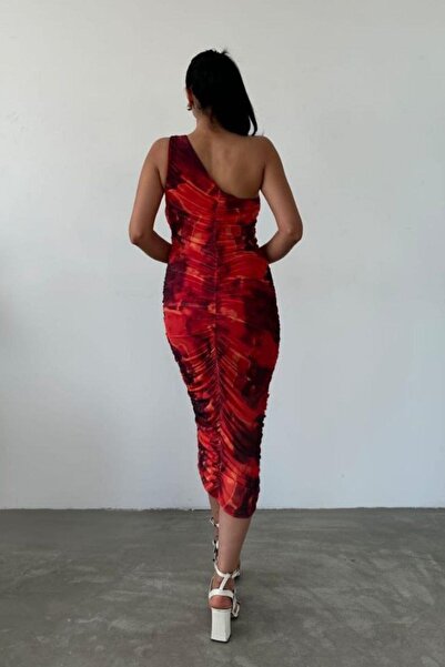 Mossta One Shoulder Patterned Midi Tulle Dress Red