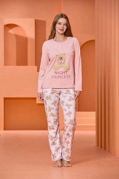 Cossy By Aqua 25020 Women's Pink Long Sleeve Teddy Bear Printed Cotton Pajama Set