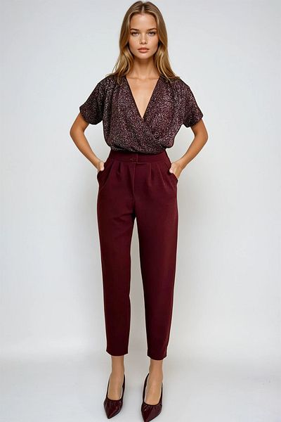 VAGGON Pantaloni morcovi cu talie înaltă de damă Bordeaux