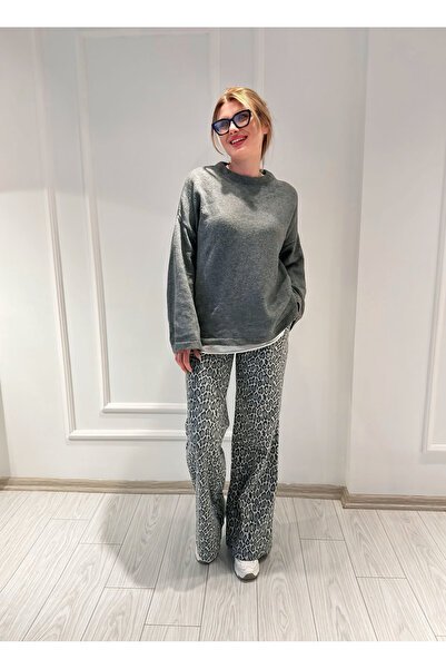 Store Leopar Desenli Palazzo Pantolon - Gri