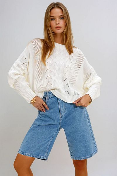 VAGGON Pulover de damă, crem, cu decolteu, tricotat, cu modele