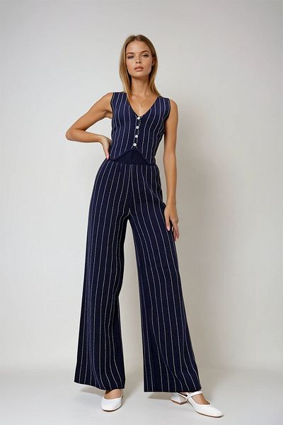 VAGGON Women's Navy Blue V-Neck Striped Vest and Elastic Waist Pants Knitwear Set