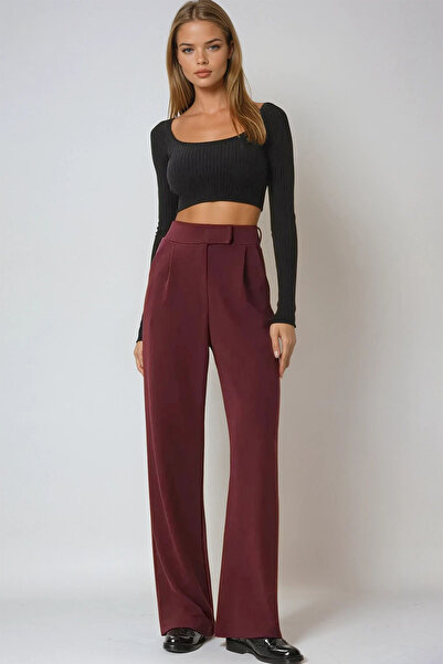 VAGGON Жіночі бордові брюки з високою талією, двома кишенями, складками та застібкою-липучкою Prmx10753