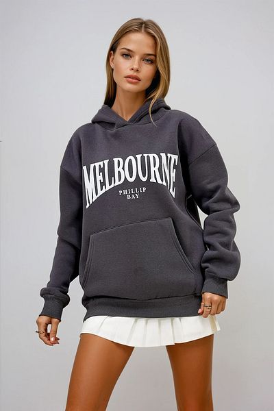 VAGGON Women's Anthracite Hooded Kangru Pocket Front Printed Three Thread Raised Sweatshirt