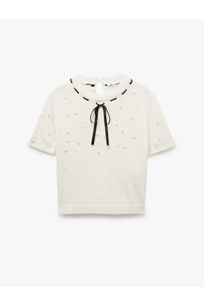 Koton Pulover din tricot cu fundă, cu mânecă scurtă, cu detaliu de perle