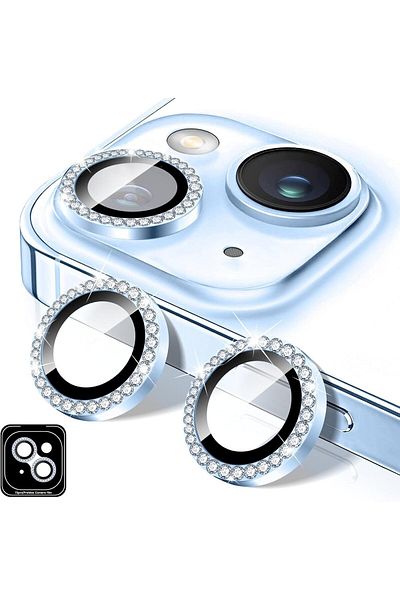 AWH Diamond Camera Lens Cover for iPhone 14/14 Plus, Bling Tempered Glass, Metal Ring Alignment