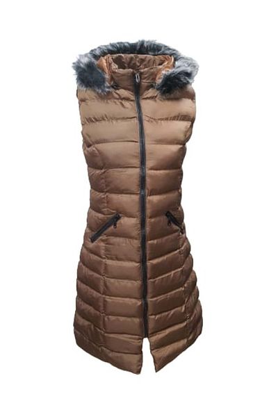KASİDE Moon Bilge A1015 - Women's Fur Hooded Long down Vest, Brown - St01336-Brown-44