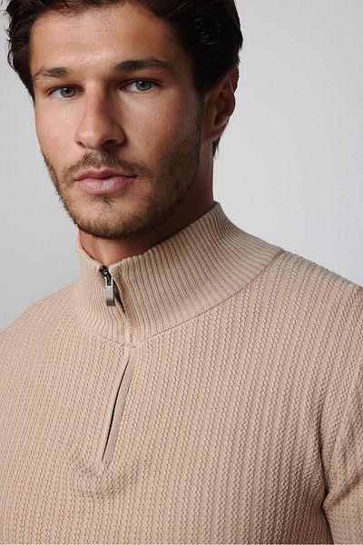 Tudors Ανδρικό Slim Fit Στενός Κόψιμος Με Σηκωτό Γιακά Φερμουάρ Σχεδιασμένο Μπεζ Πλεκτό Πουλόβερ