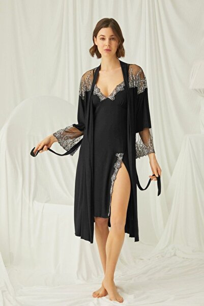 MONAMİSE 19190 طقم ثوب نوم نسائي أسود