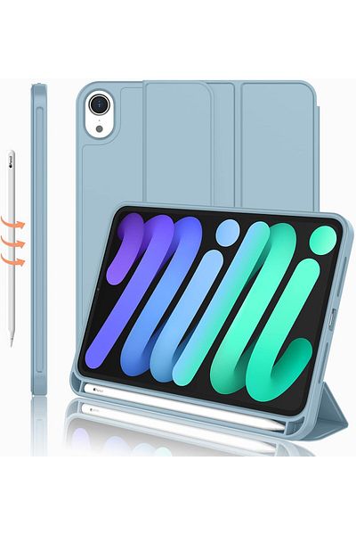 AWH حافظة iPad Mini 6 مقاس 8.3 بوصة 2021 مع حامل قلم وحامل ثلاثي الطيات وخاصية الإيقاظ/السكون التلقائي - أزرق فاتح