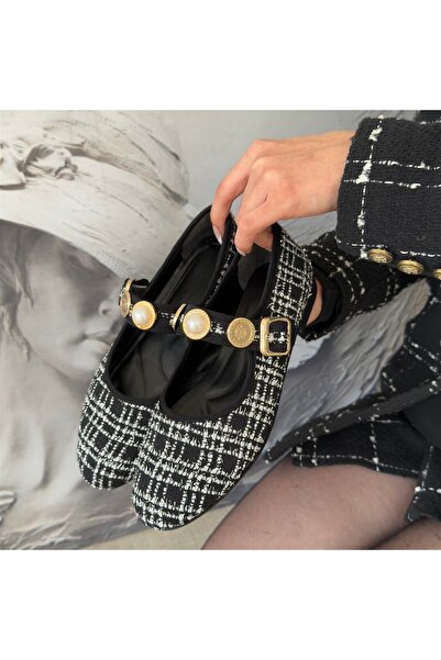 buğrahayalin Hante Black White Linen Stone Ballerina Shoes