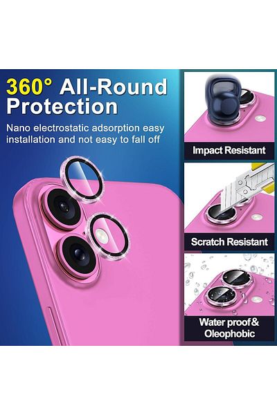 AWH iPhone 16/16 Plus Camera Lens Protector, Metal Ring Tempered Glass, Scratch-Resistant, Pink
