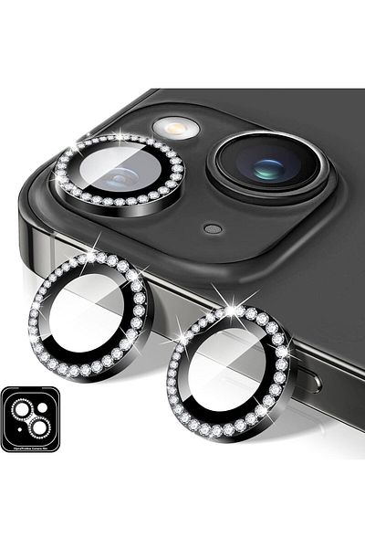 AWH Diamond Camera Lens Cover for iPhone 13/13 Mini, Bling Tempered Glass, Metal Ring Alignment