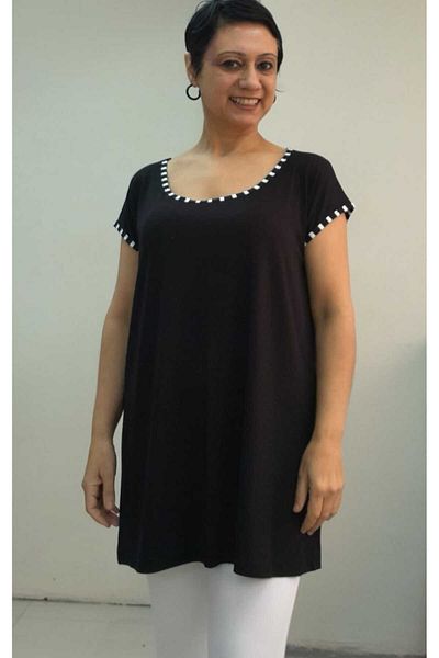 Mertcan Butik Black Low Sleeve T-Shirt with Black and White Piping Detailed Whole Size