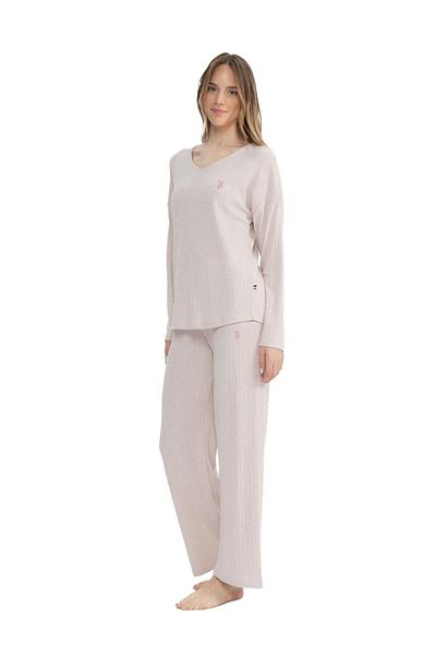 U.S. Polo Assn. BAZA. Polo Assn. 17090 Set de pijamale roz pentru femei, cu mânecă lungă, cu decolteu în V