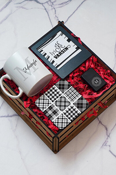 TrendHediye Erkek Hediye Seti, Dekoratif Ahşap Kutu, Kupa Bardak, Çerçeve, Ça...