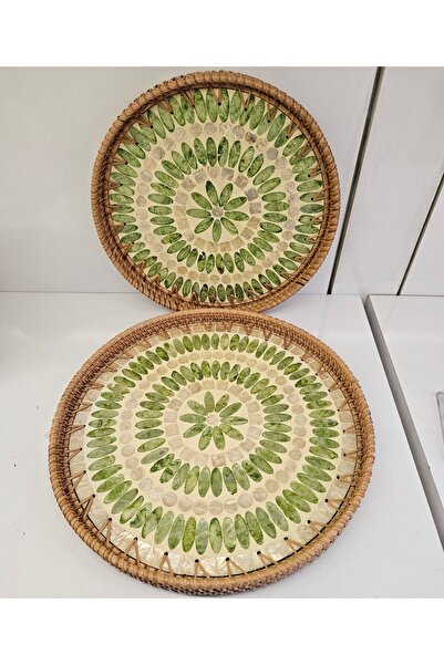 ALANYA HOME DECOR MOTHER OF PEARL/WICKER TRAY SET OF 2 30 cm + 35 cm SEDEF/HA...