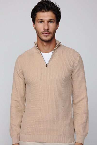Tudors Erkek Slim Fit Dar Kesim Dik Yaka Fermuarlı Desenli Bej Triko Kazak