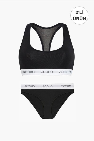 ZICCHO Cotton and Lycra Black Bustier Bikini Panties 2-Piece Underwear