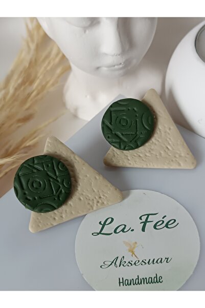 La fee aksesuar مثلث كاكي أخضر وبيج ورمادي - أقراط نسائية مصنوعة يدويًا من ال...