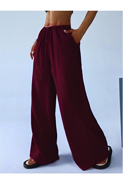 MOONBULL Kadın Bürümcük Kumaş Bel Bağlamalı Dokuma Geniş Paça Pantolon