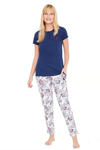 U.S. Polo Assn. طقم بيجامة نسائي من القطن باللون الأزرق الداكن