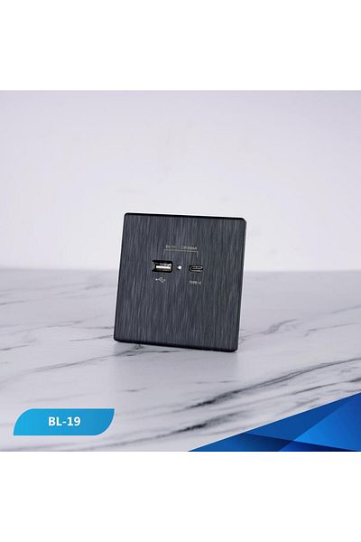 Btm USB + TYP-C port socket, black wooden piano