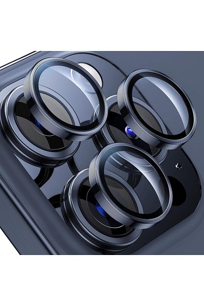 AWH iPhone 15 Pro/15 Pro Max Camera Lens Protector, Shatterproof 9H Glass, Metal Ring (Blue)
