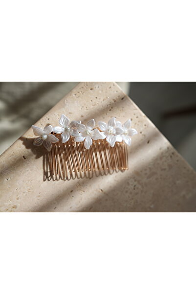 İstoria Bridal Gold White Floral Print Engagement Hair Accessory - Comb Hairpin, Hair Pin, Wedding Hairpin