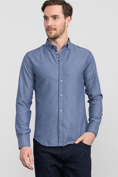 Tudors Navy Blue ανδρικό πουκάμισο Oxford - λεπτή εφαρμογή, μακρύ μανίκι, γιακάς με κουμπιά
