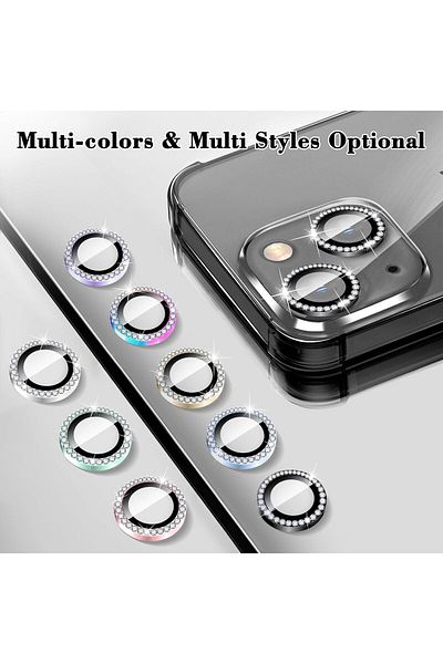 AWH Diamond Camera Lens Cover for iPhone 13/13 Mini, Bling Tempered Glass, Metal Ring Alignment