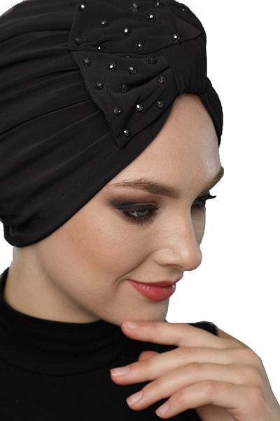 fidan bone Crystal Fan Stone Embroidered Double-Sided Lined Black Ready-made Hijab Hijab Evening Dress Bonnet