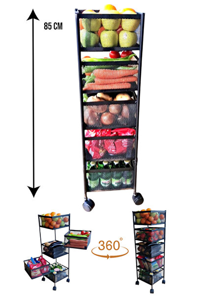 Genel Markalar 5 Katlı Siyah Metal Paslanmaz  Tekerlekli Meyvelik Sebzelik Ba...