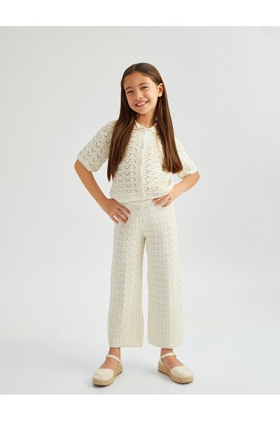 Koton Short Sleeve Openwork Polo Neck Button Closure Knitwear Cardigan