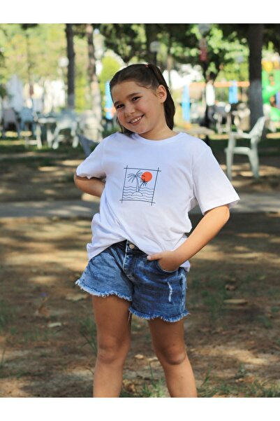 han elegant Tricou unisex din bumbac imprimat cu palmieri și soare pentru vâr...