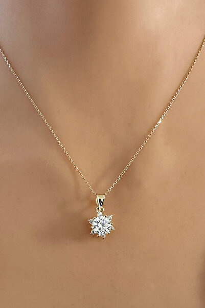 Nilvera Kuyumculuk 14 Ayar Altın Lotus Çiçeği Tektaş Kolye, Işıklı Mücevher Kutusuyla