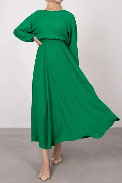 Swana Γυναικείο Hijab φόρεμα Grass Green - Αυτο-υφή, Άνετο Flared