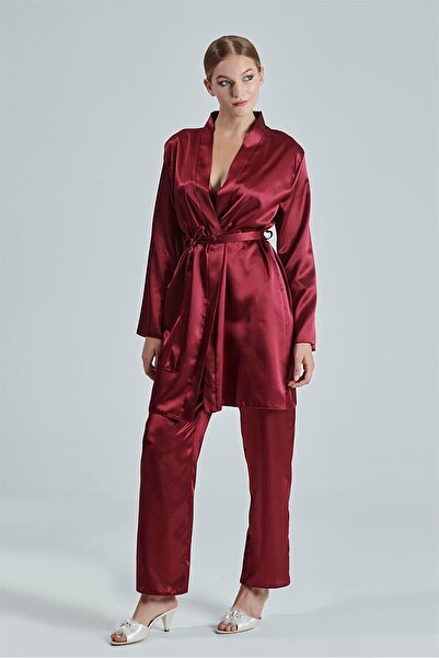 Alissa Kadın Bordo Saten Çeyiz Seti 6 Parça Dantelli Sabahlık Gecelik Pijama Şortlu Takım