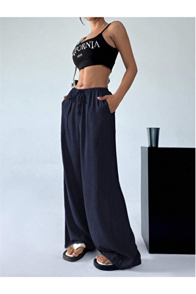 MOONBULL Kadın Bürümcük Kumaş Bel Bağlamalı Dokuma Geniş Paça Pantolon