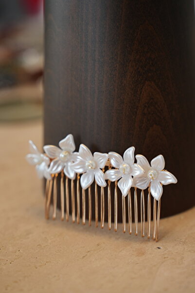 İstoria Bridal Gold White Floral Print Engagement Hair Accessory - Comb Hairpin, Hair Pin, Wedding Hairpin