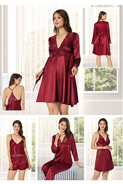 Alissa Γυναικείο Σετ Σατέν Προίκα Βουργουνδίας 6 τεμαχίων Δαντελένιο Νυχτικό Νυχτικό Σετ με σορτς