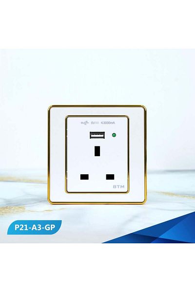 Btm Triple socket, 13 amp, with USB port, pearl and gold colour
