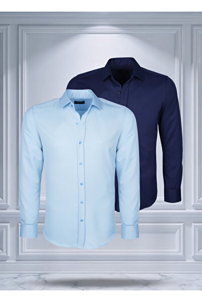 Todth 2'li Paket Kolay Ütülenebilen Dört Mevsim Modern Fit Yumuşak Dokulu Mavi Ve Lacivert Düz Gömlek