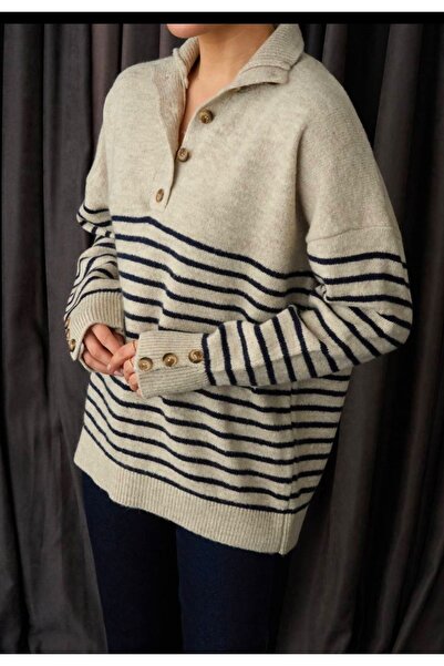 Qu Style ÇİZGİLİ POLO YAKA BEJ RENGİ KAZAK