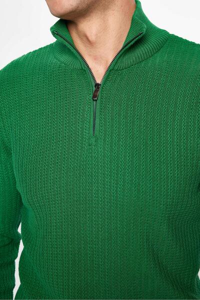 Tudors Πράσινο πλεκτό πουλόβερ ανδρικής λεπτής εφαρμογής με γιακά με φερμουάρ